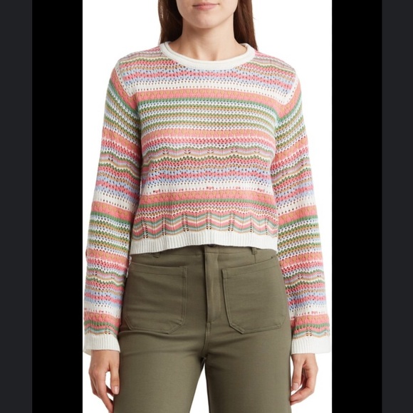 NWT Lush Stripe Pointelle Crop Sweater in Ivory Multi - Picture 1 of 5